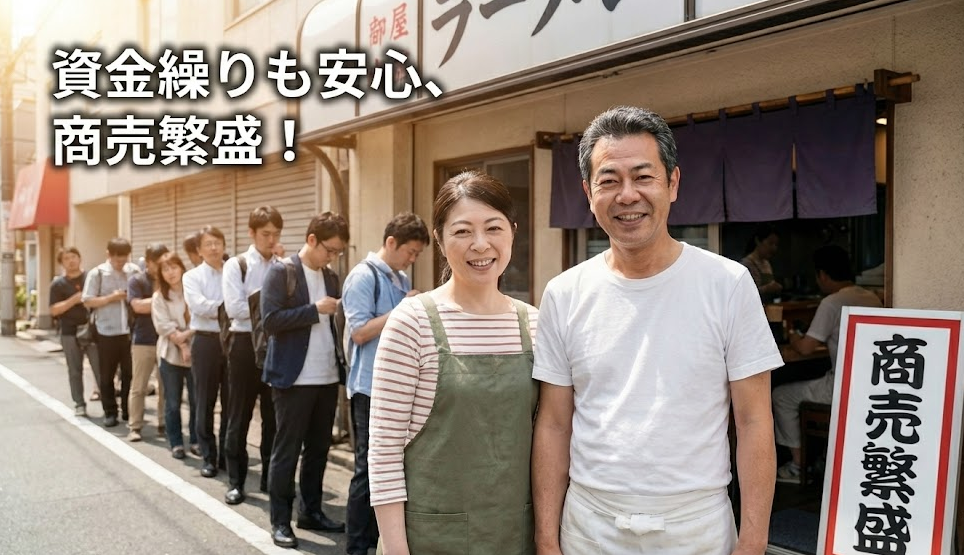 資金繰りが改善し商売繁盛するラーメン店のイメージ